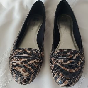 NWOT Anne Klein Snake skin print slip on loafers with Patent Leather backs.